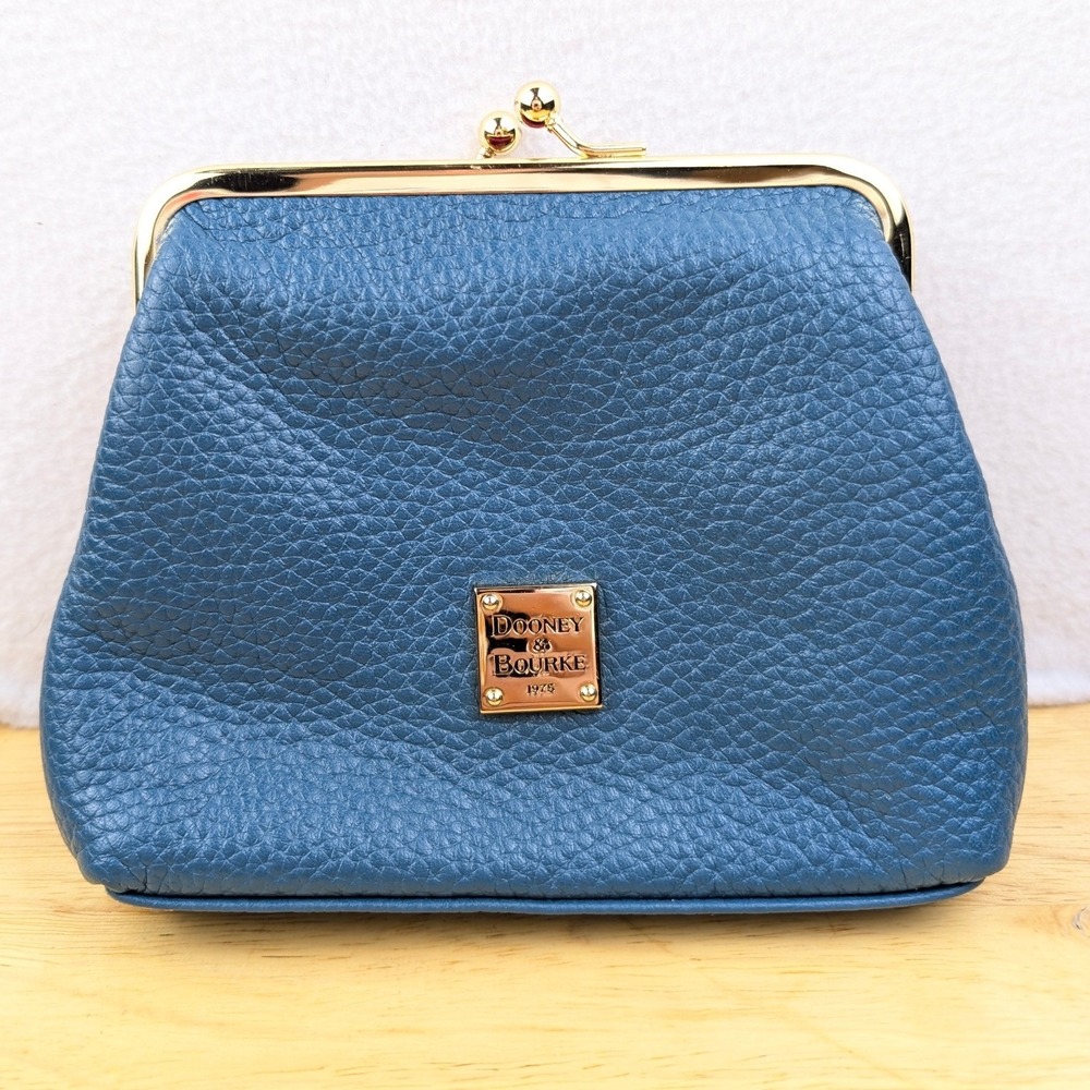 Dooney & Bourke Pebble Grain Leather Frame Pouch Blue Kiss Lock Coin Purse